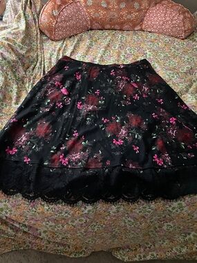 Torrid Black Floral A-Line Skirt with Lace Trim